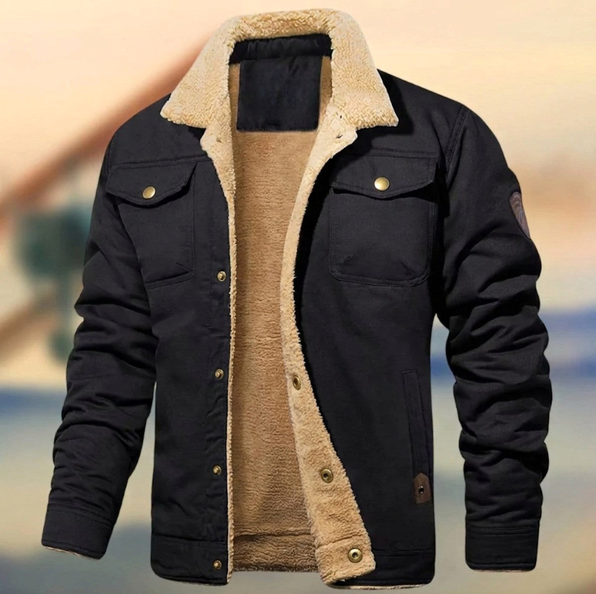 Aaron | Men's Sherpa Collar Button-Down Jacket, Relaxed Fit Autumn Jacket | The Dress Cellar | Black
