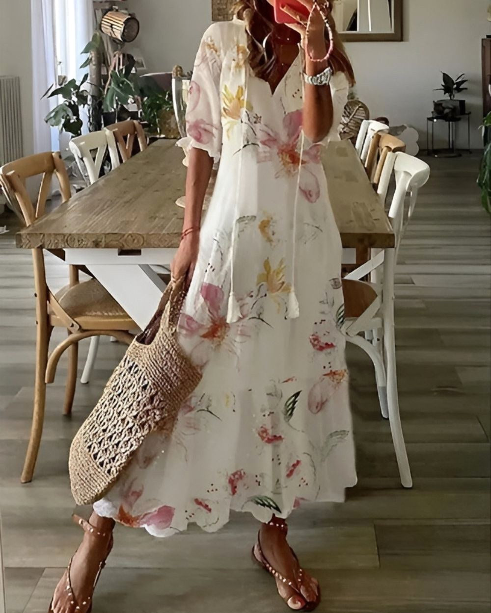 boho flowy dress KissProm Long Sleeve Wedding Lace A-Line V-Neck Beach Gown with Split Front and Sweep Train, Diamond White / 6 spirited print Abigail | Women's Boho Flowy