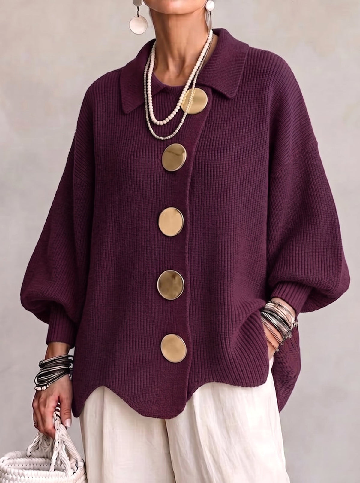 Erica | Women's Oversized Cardigan with Collar and Large Buttons, Relaxed-Fit Cardigan | The Dress Cellar