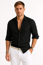 Adam | Men's Linen Oxford Shirt with Rolled Sleeves, Button-Down Casual Shirt | The Dress Cellar | Black