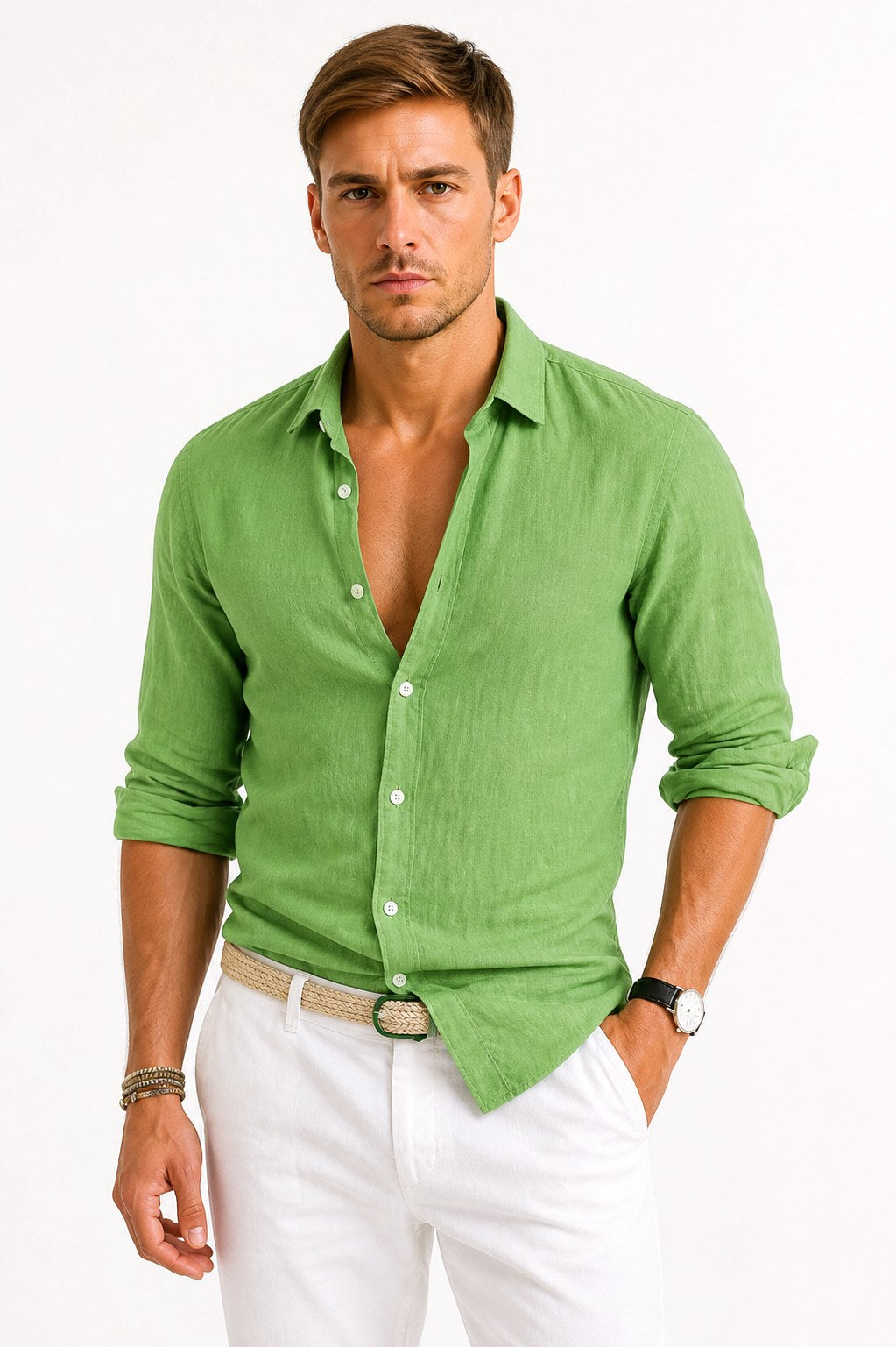 Adam | Men's Linen Oxford Shirt with Rolled Sleeves, Button-Down Casual Shirt | The Dress Cellar | Green