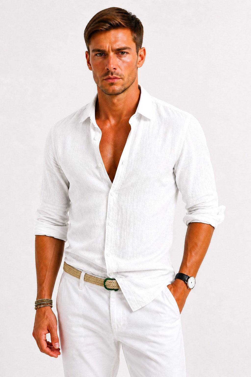 Adam | Men's Linen Oxford Shirt with Rolled Sleeves, Button-Down Casual Shirt | The Dress Cellar | White