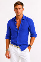 Adam | Men's Linen Oxford Shirt with Rolled Sleeves, Button-Down Casual Shirt | The Dress Cellar | Beige