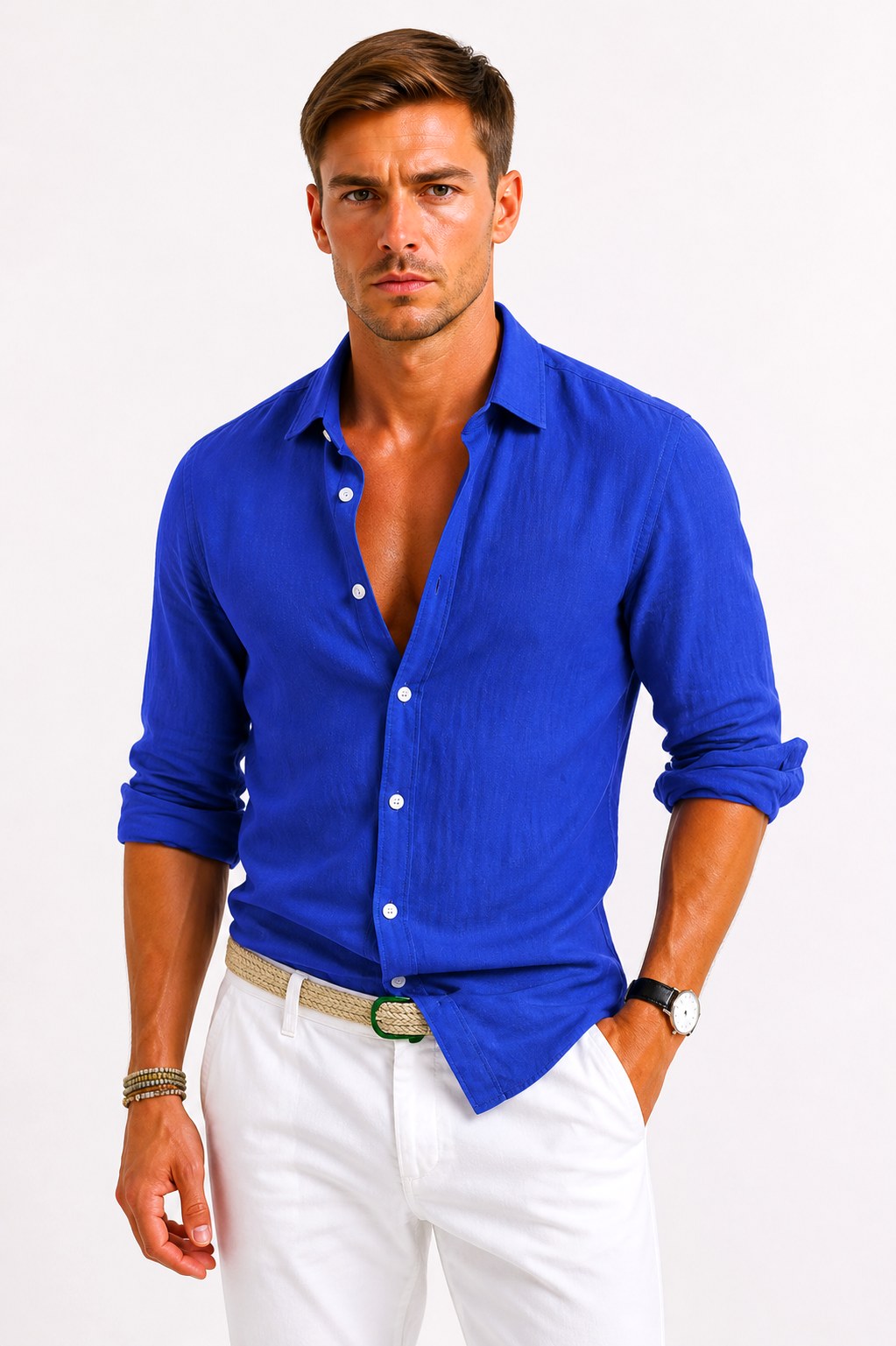 Adam | Men's Linen Oxford Shirt with Rolled Sleeves, Button-Down Casual Shirt | The Dress Cellar | Beige