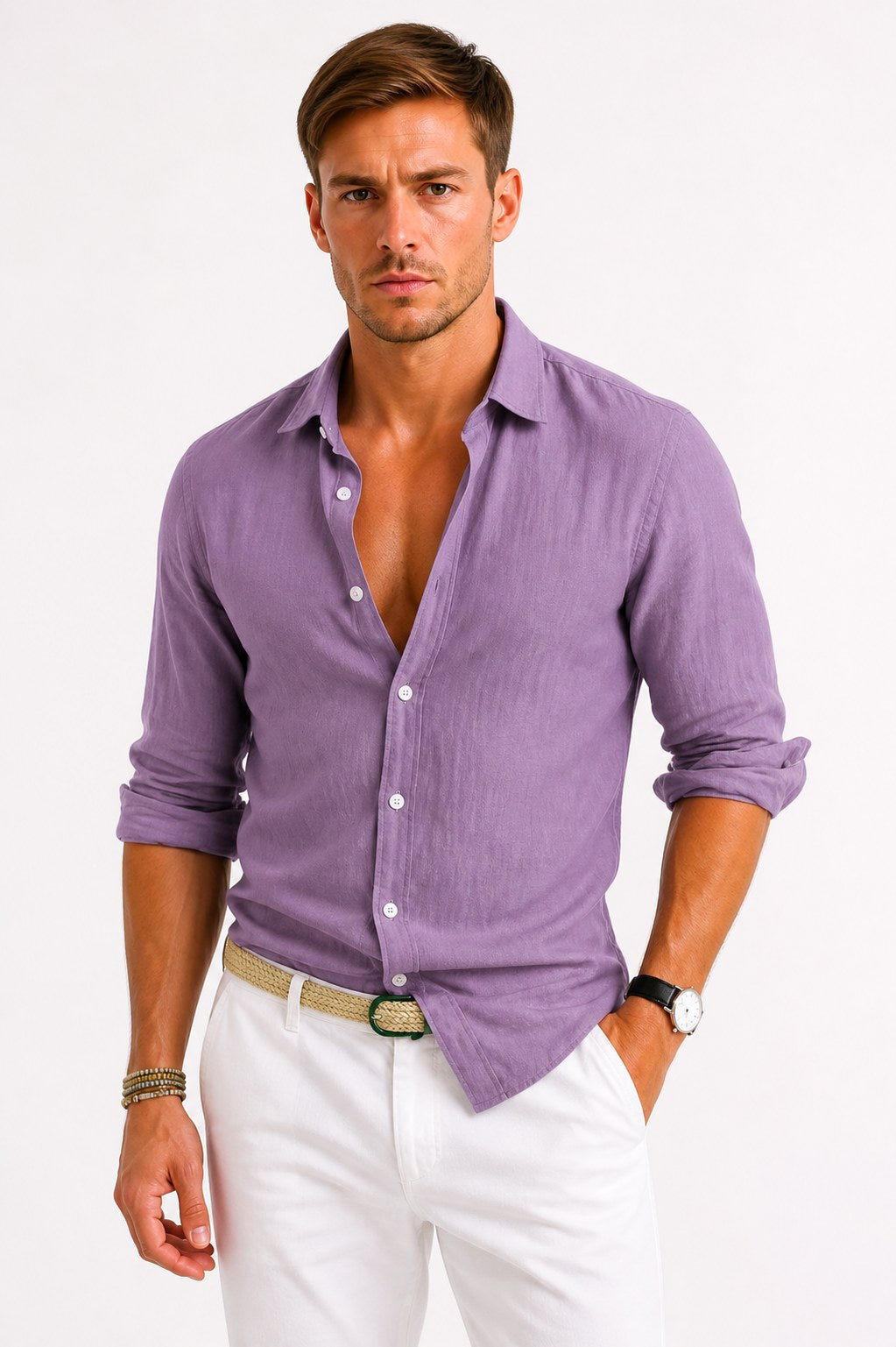 Adam | Men's Linen Oxford Shirt with Rolled Sleeves, Button-Down Casual Shirt | The Dress Cellar | Blue