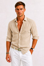 Adam | Men's Linen Oxford Shirt with Rolled Sleeves, Button-Down Casual Shirt | The Dress Cellar | Light Blue
