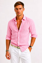 Adam | Men's Linen Oxford Shirt with Rolled Sleeves, Button-Down Casual Shirt | The Dress Cellar | Purple