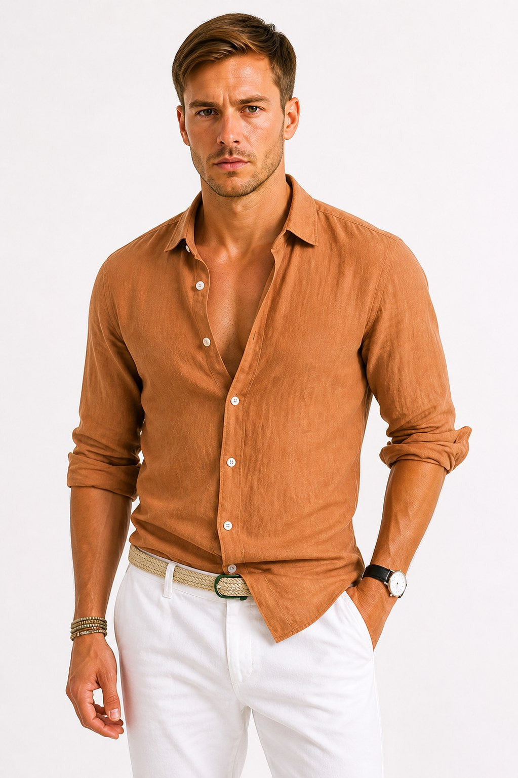 Adam | Men's Linen Oxford Shirt with Rolled Sleeves, Button-Down Casual Shirt | The Dress Cellar | Brown