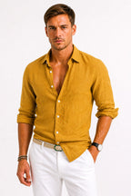 Adam | Men's Linen Oxford Shirt with Rolled Sleeves, Button-Down Casual Shirt | The Dress Cellar | Mustard