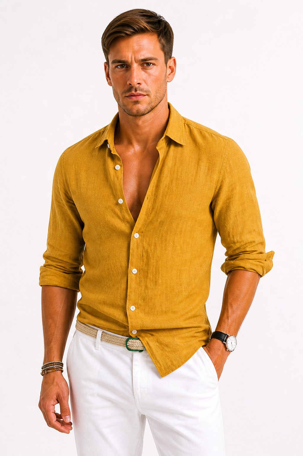 Adam | Men's Linen Oxford Shirt with Rolled Sleeves, Button-Down Casual Shirt | The Dress Cellar | Mustard