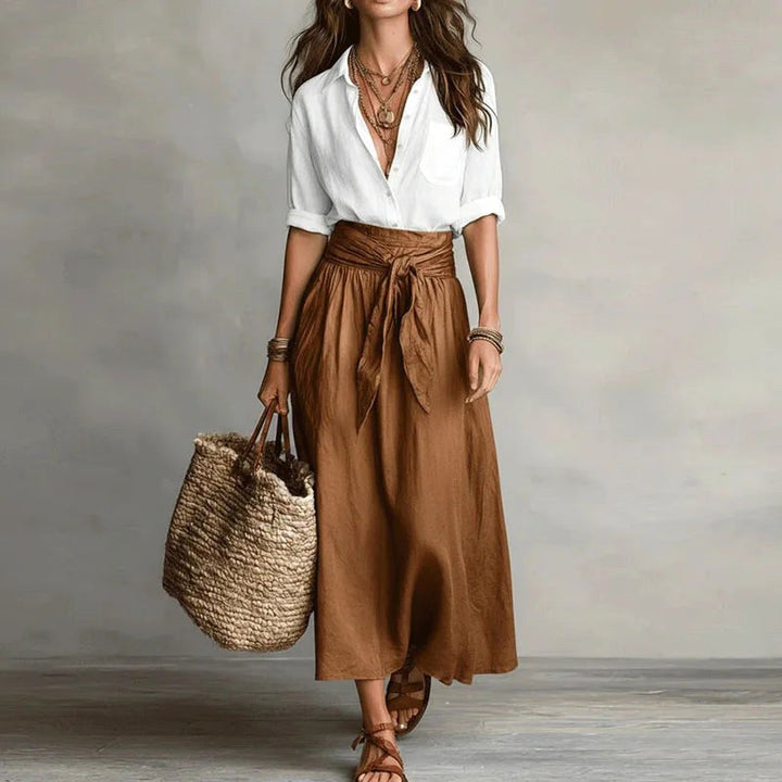 Addison | Women's Linen Two-Piece Set - White Brown