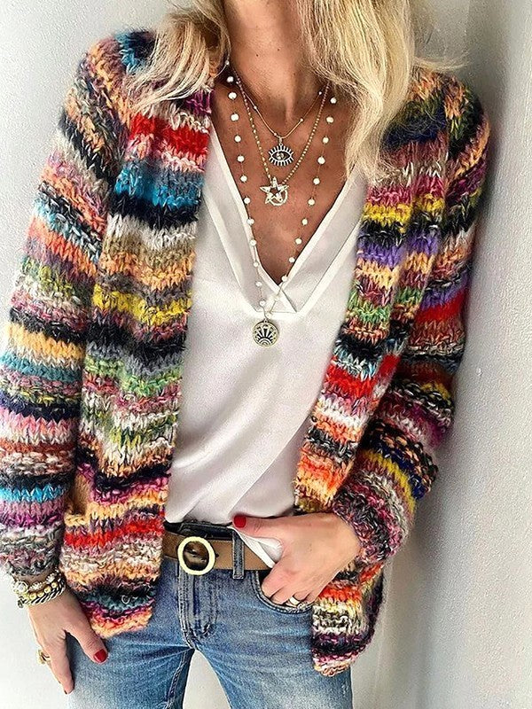 Adele | Women's Open Front Striped Knit Cardigan, Long Sleeve Layering Cardigan | The Dress Cellar | Multi