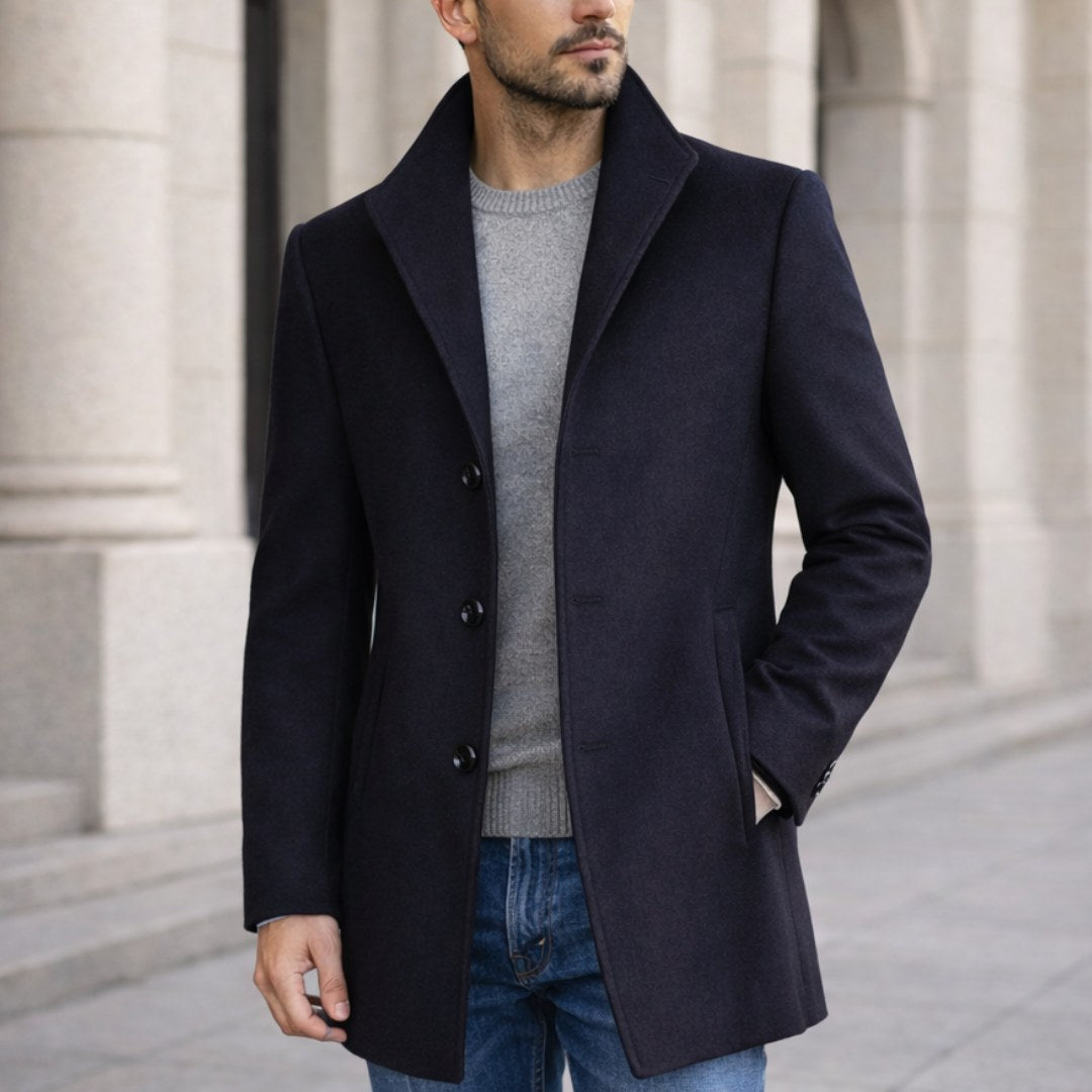 Aiden | Men's Long Winter Coat with Classic Tailoring, Refined Autumn Coat | The Dress Cellar | Navy Blue