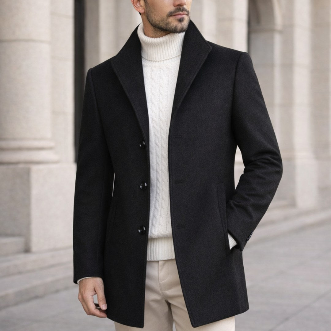 Aiden | Men's Long Winter Coat with Classic Tailoring, Refined Autumn Coat | The Dress Cellar | Black