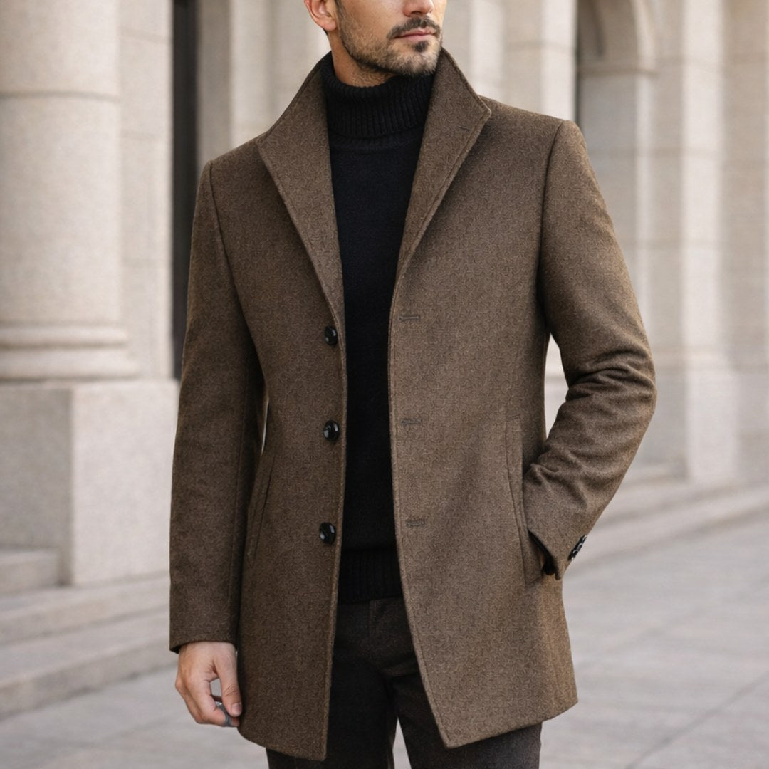 Aiden | Men's Long Winter Coat with Classic Tailoring, Refined Autumn Coat | The Dress Cellar | Camel