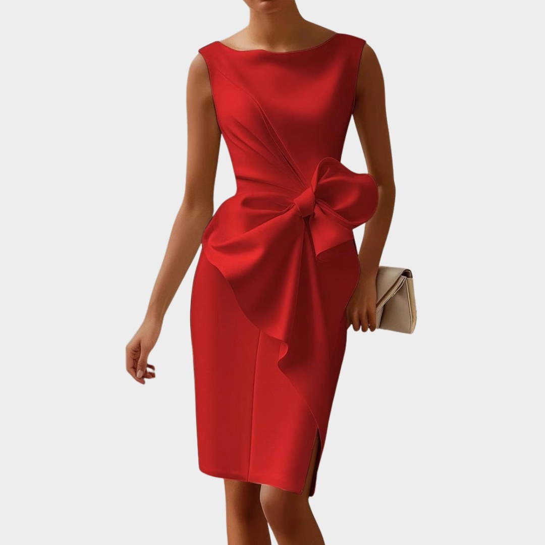 Ainsley | Women's Sleeveless Midi Dress with Side Bow - Red