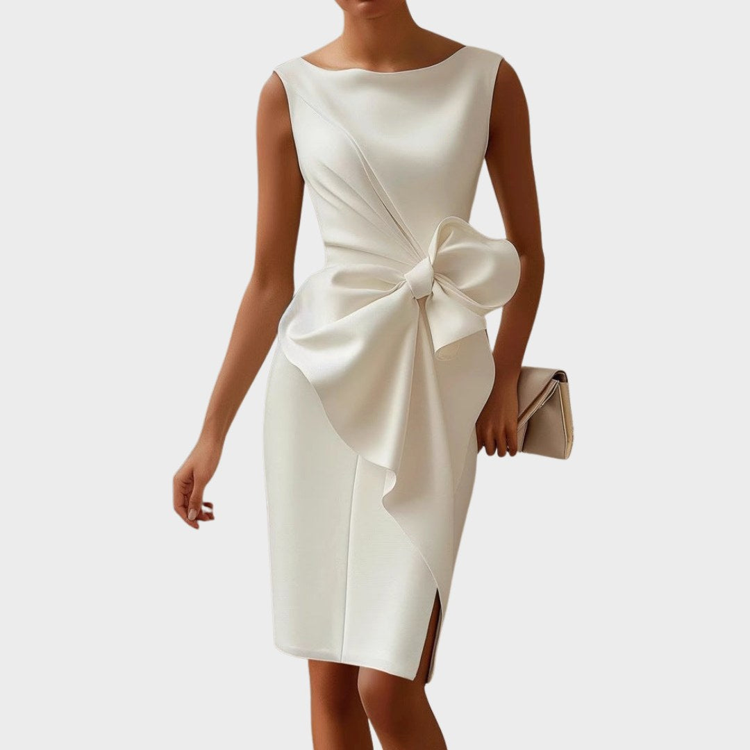 Ainsley | Women's Sleeveless Midi Dress with Side Bow - White