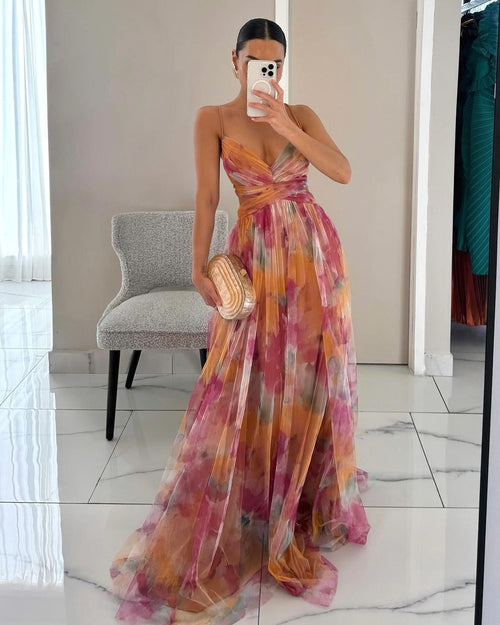Allison | Women's Floral Print Maxi Dress - Orange