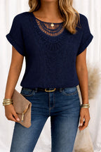 Amanda | Women's Round Neck Short Sleeve Blouse with Lace Trim - Navy Blue