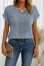 Amanda | Women's Round Neck Short Sleeve Blouse with Lace Trim - Light Blue