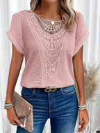 Amanda | Women's Round Neck Short Sleeve Blouse with Lace Trim - Pink