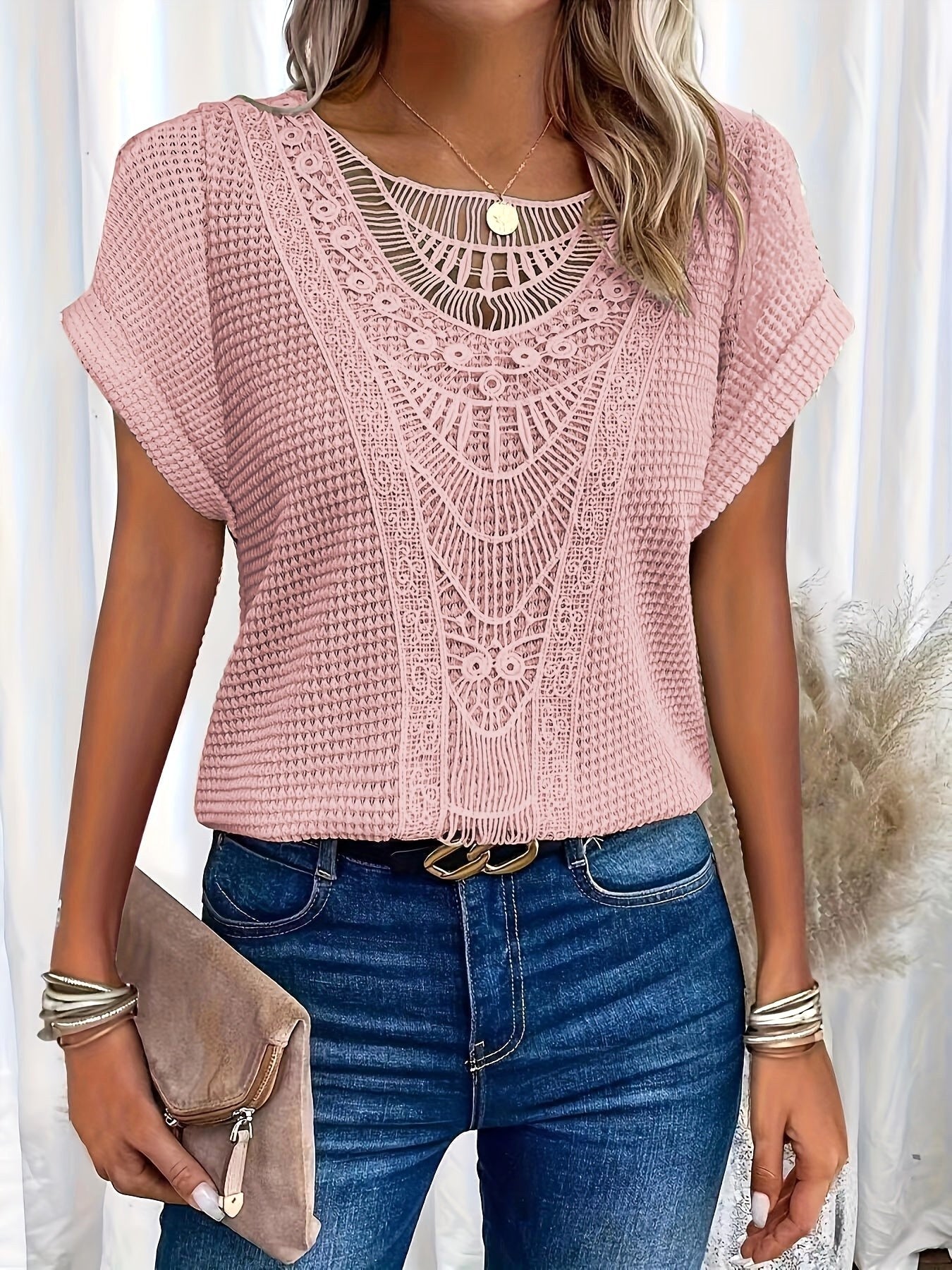 Amanda | Women's Round Neck Short Sleeve Blouse with Lace Trim - Pink