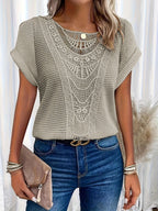 Amanda | Women's Round Neck Short Sleeve Blouse with Lace Trim - Red