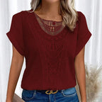 Amanda | Women's Round Neck Short Sleeve Blouse with Lace Trim - White