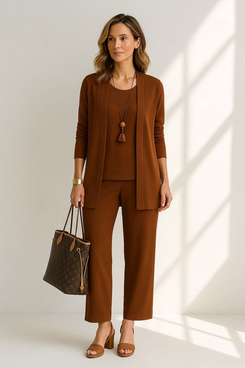 Amelia | Women's Three-Piece Pant Set - Brown