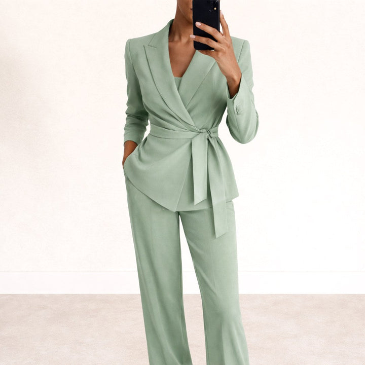 Amelie | Women's Tailored Tie-Waist Blazer Suit Set, Structured Two-Piece Trousers | The Dress Cellar