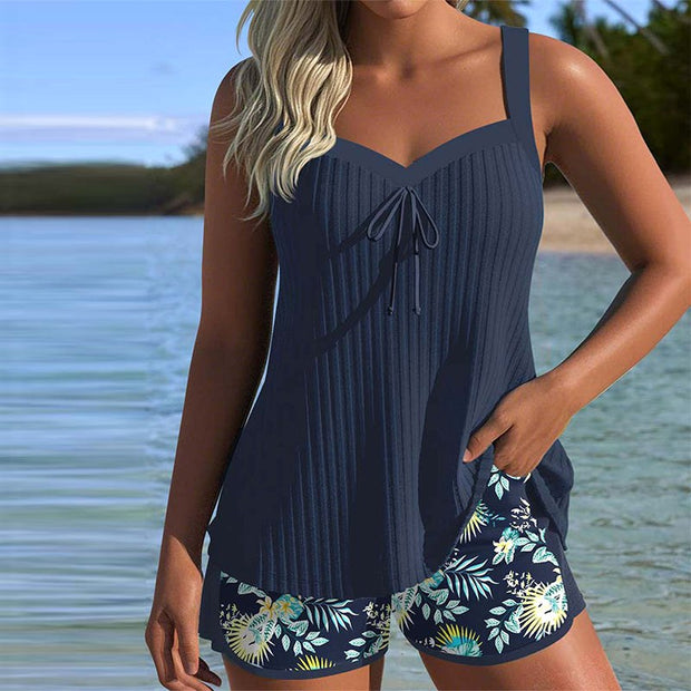 Anna | Striped Tankini with Matching Beach Shorts - Navy Blue