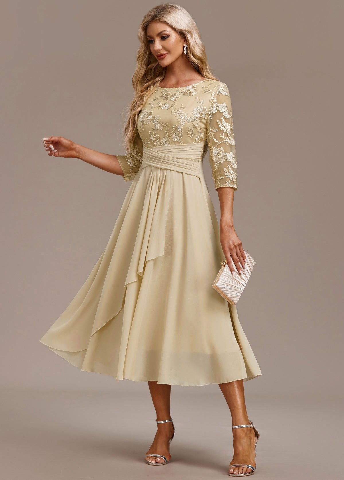 Annalise | Women's Floral Lace Chiffon Midi Dress - Champagne
