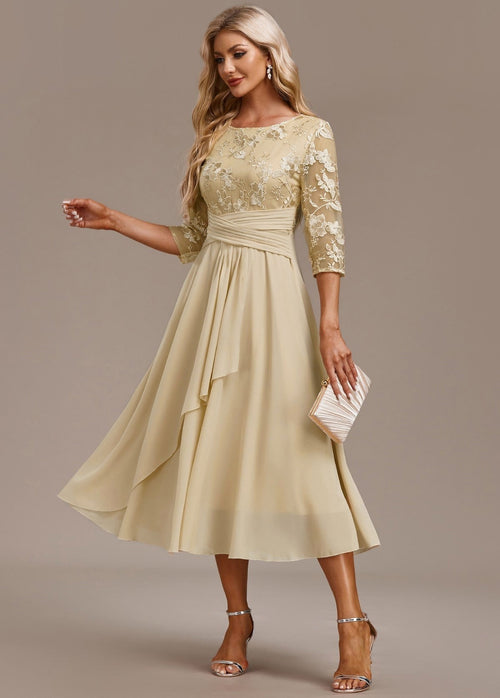 Annalise | Women's Floral Lace Chiffon Midi Dress - Champagne