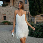 Arabella | Women's Feather Mini Dress with Spaghetti Straps - Peacock Blue