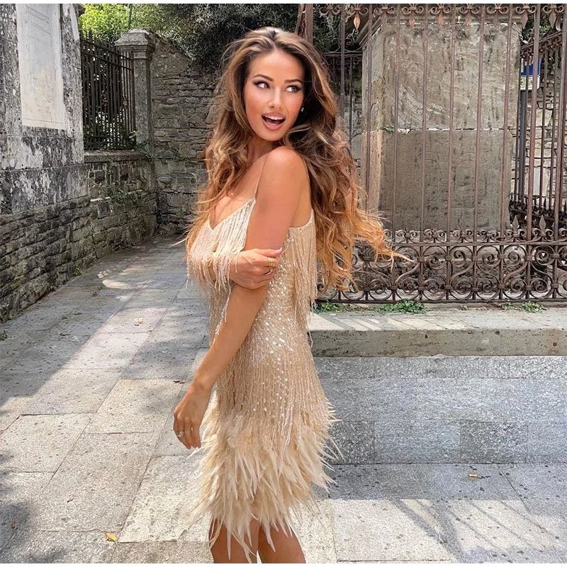 Arabella | Women's Feather Mini Dress with Spaghetti Straps - Gold