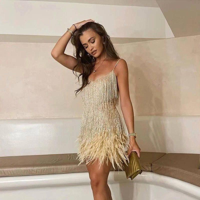 Arabella | Women's Feather Mini Dress with Spaghetti Straps - Pink