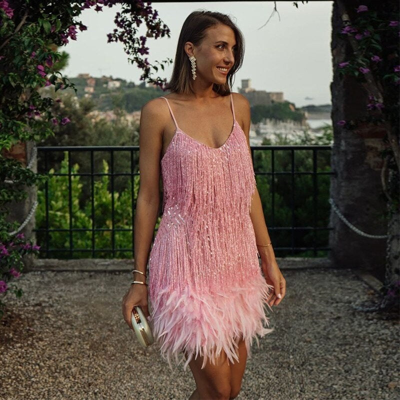 Arabella | Women's Feather Mini Dress with Spaghetti Straps - image 8