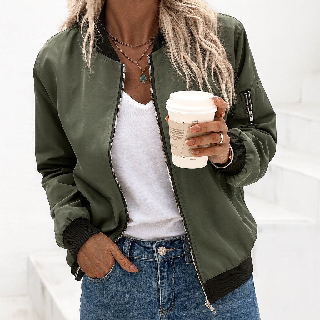 Ariane | Women's Classic Zip Bomber Jacket, Streamlined Lightweight Jacket | The Dress Cellar | Army green