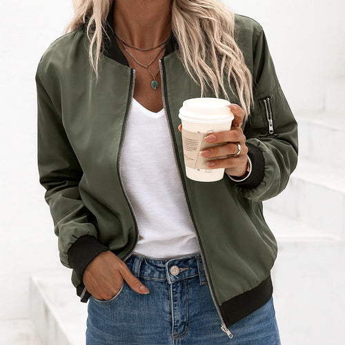 Ariane | Women's Classic Zip Bomber Jacket, Streamlined Lightweight Jacket | The Dress Cellar | Army green