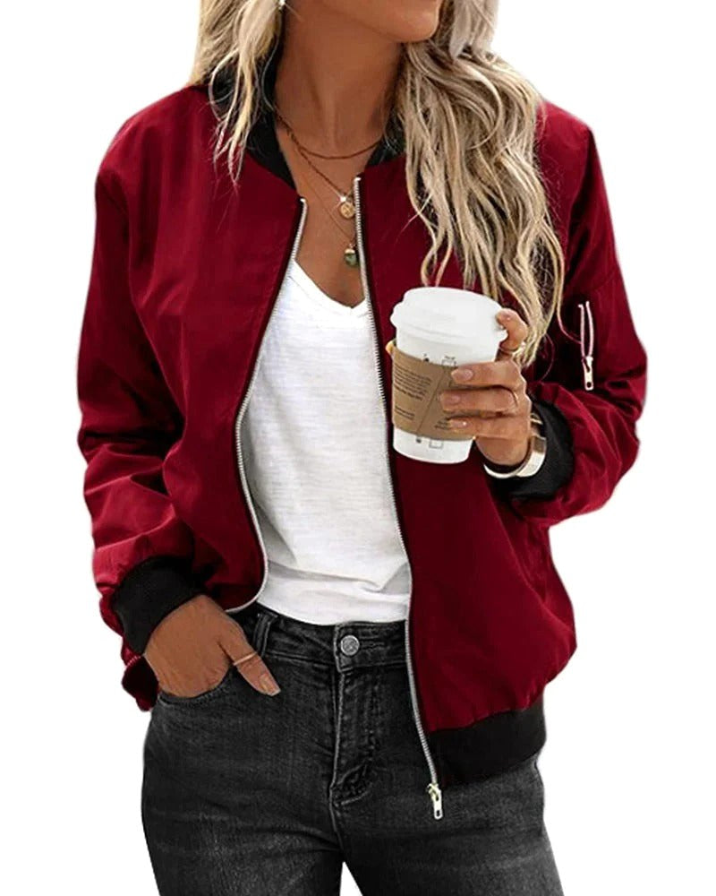 Ariane | Women's Classic Zip Bomber Jacket, Streamlined Lightweight Jacket | The Dress Cellar | Red
