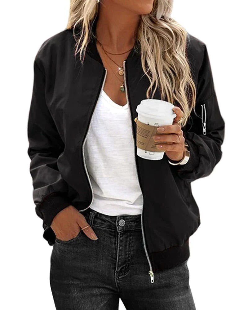 Ariane | Women's Classic Zip Bomber Jacket, Streamlined Lightweight Jacket | The Dress Cellar | Black