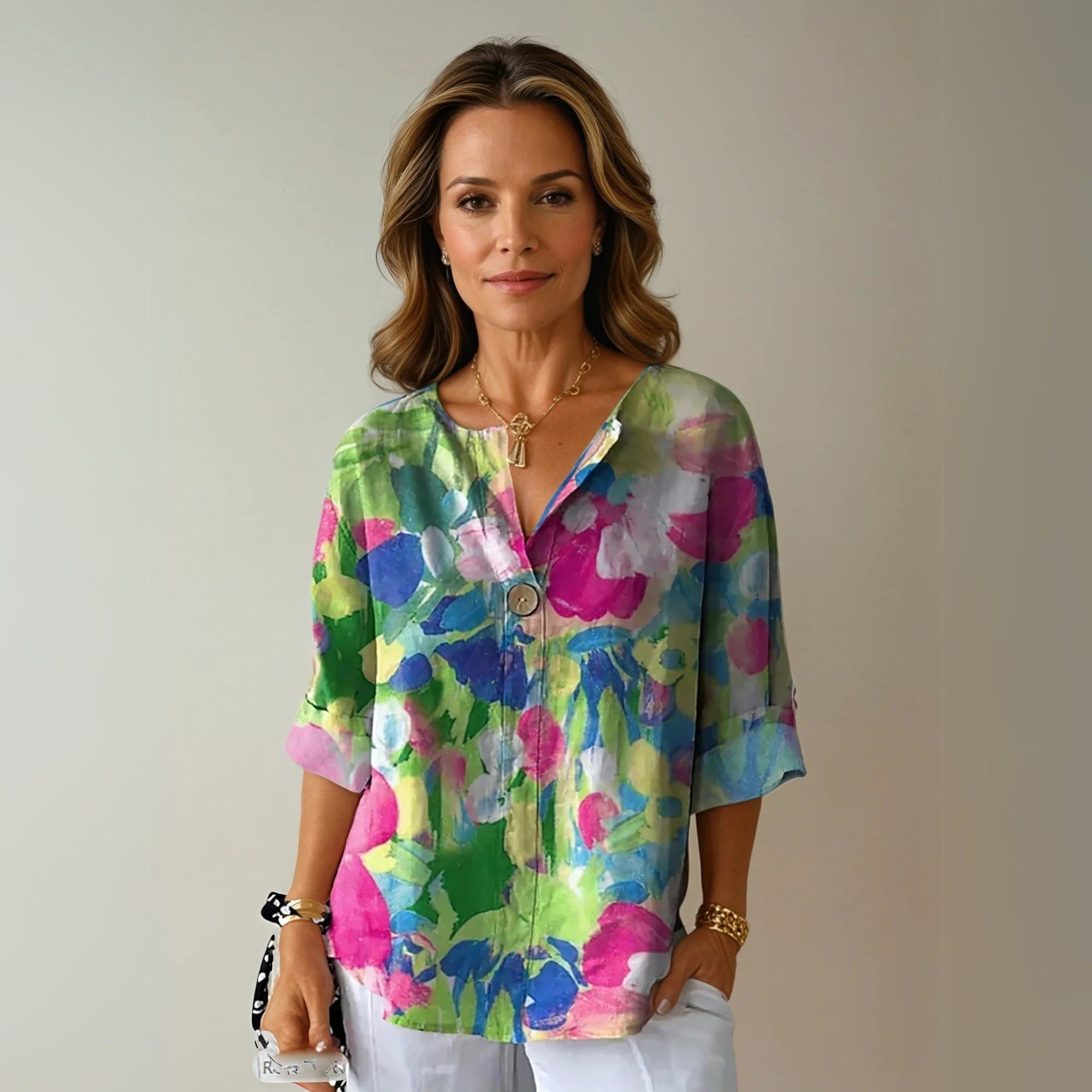 Arlene | Women's Chic Floral Print Blouse - Green - Pink