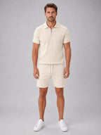 Ashley | Men's Zip Polo Shirt and Shorts Set, Relaxed Two-Piece Set | The Dress Cellar | Beige
