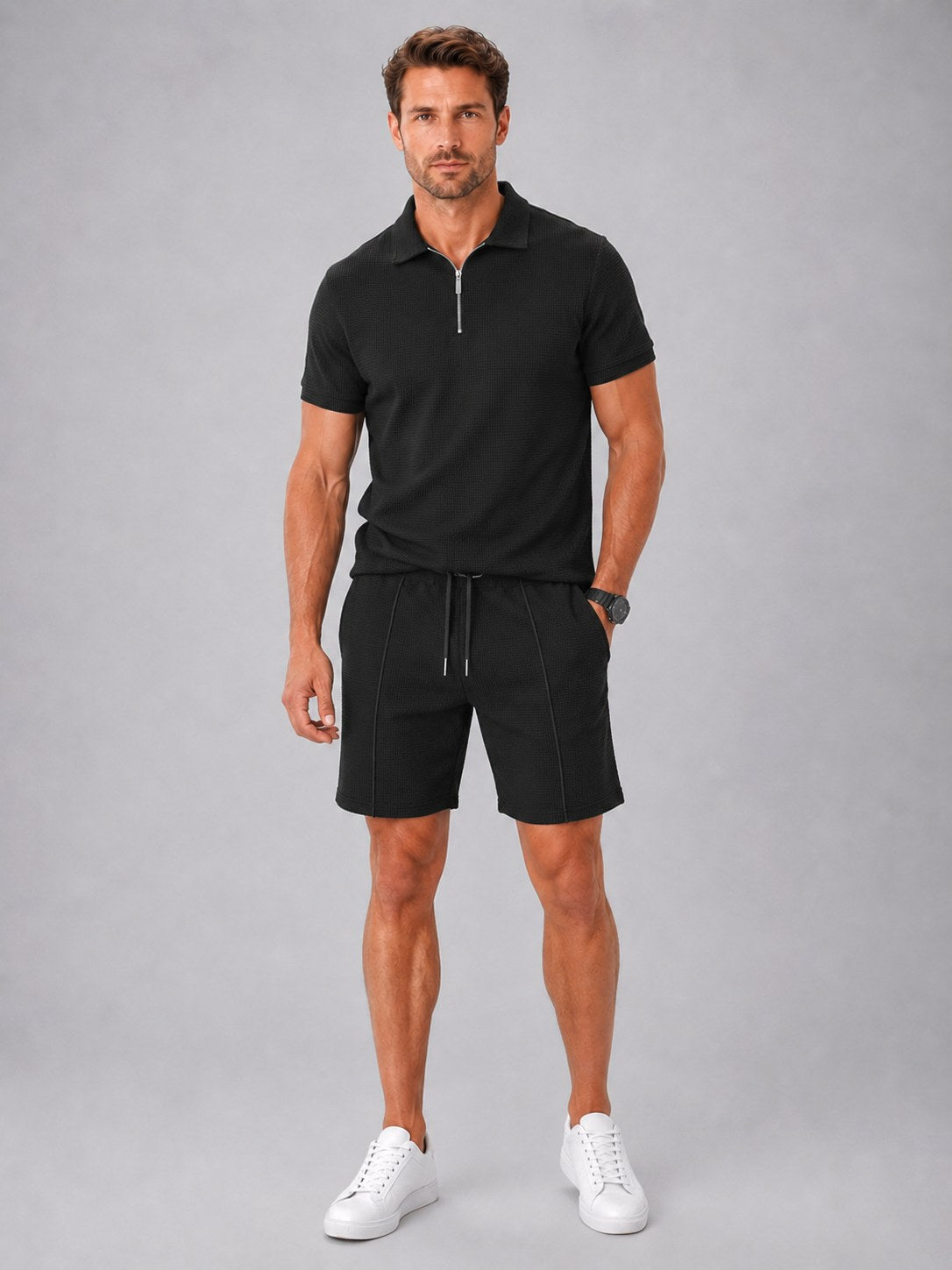 Ashley | Men's Zip Polo Shirt and Shorts Set, Relaxed Two-Piece Set | The Dress Cellar
