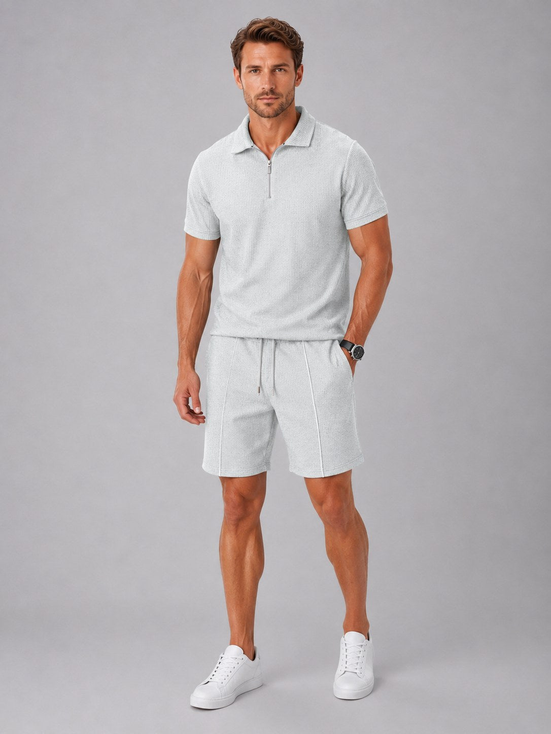 Ashley | Men's Zip Polo Shirt and Shorts Set, Relaxed Two-Piece Set | The Dress Cellar