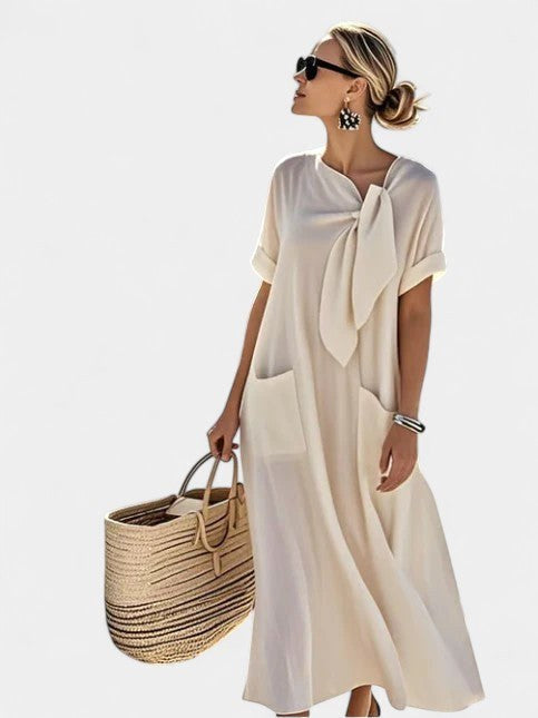 Ashley | Women's Elegant Flowing Midi Dress - Beige