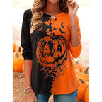 Audrey | Women's Long-Sleeve Pumpkin Print Top, Festive Halloween Blouse | The Dress Cellar | Orange
