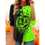 Audrey | Women's Long-Sleeve Pumpkin Print Top, Festive Halloween Blouse | The Dress Cellar | Green