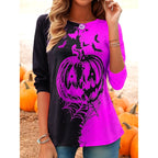 Audrey | Women's Long-Sleeve Pumpkin Print Top, Festive Halloween Blouse | The Dress Cellar | Purple