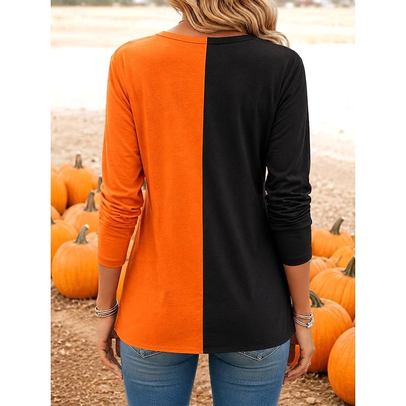 Audrey | Women's Long-Sleeve Pumpkin Print Top, Festive Halloween Blouse | The Dress Cellar